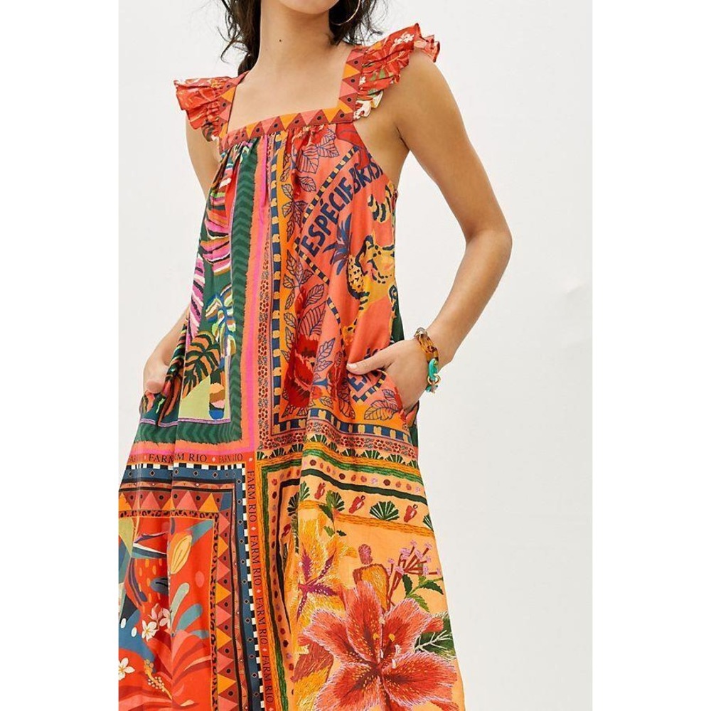 Anthropologie FARM RIO Mosaic Midi Dress Cotton Pockets Colorful Tropical Medium - Picture 5 of 15